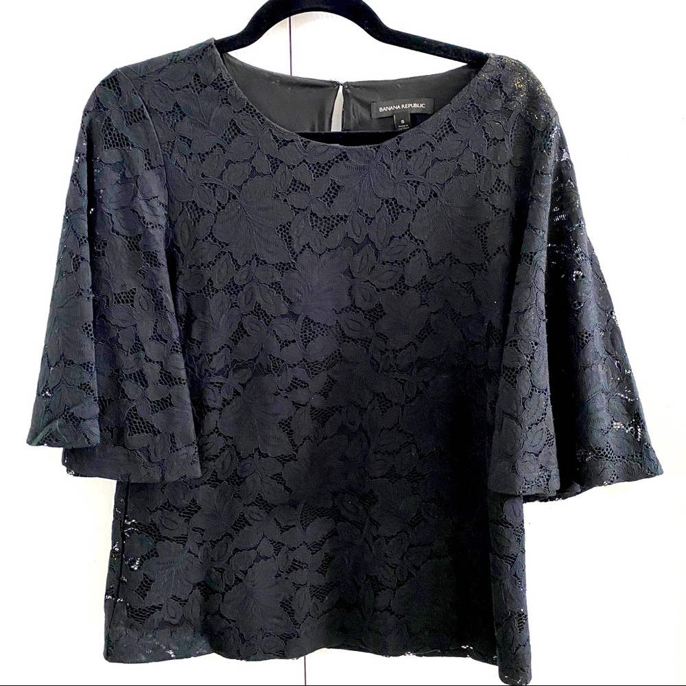 Banana Republic Black Floral Lace Bell Sleeve Top